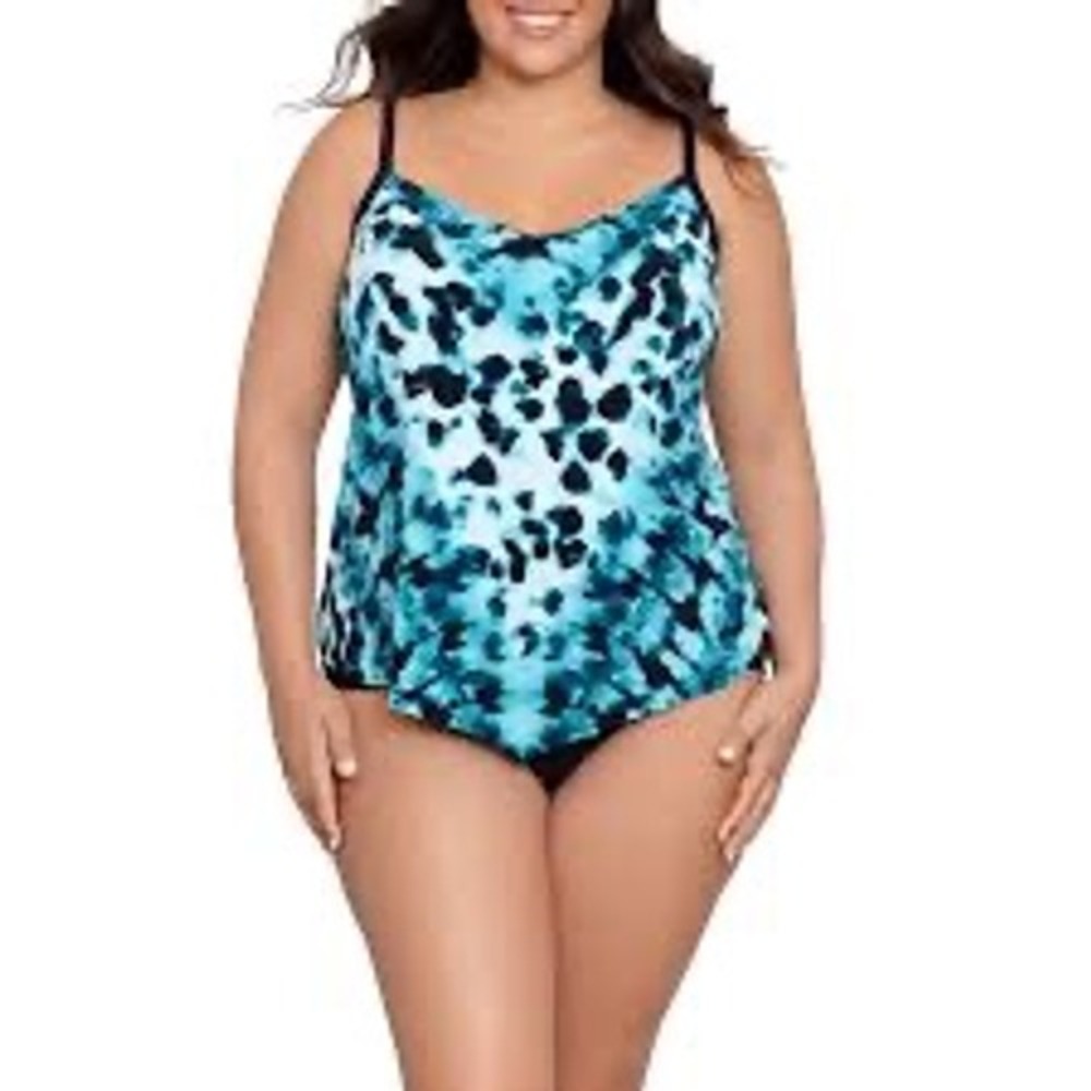 Sonnet Shores Teal‎ Blue Abstract Print Tankini Swim Top Women's 16W NWT Resort